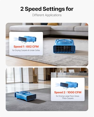 Image of VEVOR Blower Fan, Low Profile Air Mover Carpet Dryer, 1000 CFM, 2 Speeds, Multi-Angle Airflow, Lightweight Portable for Crawlspaces, Attics, Basements, Bathrooms, Water Damage Restoration, Blue