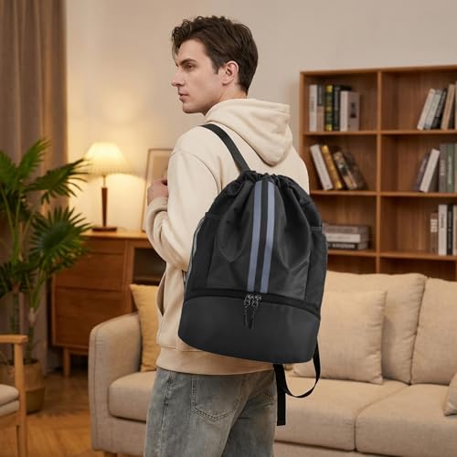 Sports Drawstring Backpack with Shoes Compartment, String Gym Bag with Wet Proof Pocket for Basketball, Soccer, Swim, Black Sport Bag for Men and Women - Image 3