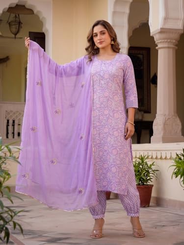Image of ANNI Designer Rayon Viscose Printed Straight Kurta with Pant and Dupatta for Women | Rayon Viscose Purple | 3 /4 Sleeve | Round Neck | Ethnic Wear Casual Wear