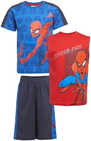 Marvel Avengers Boys Superhero Short Sleeve T-Shirt, Tank Top and Mesh Shorts Set (Blue/Red, 7)