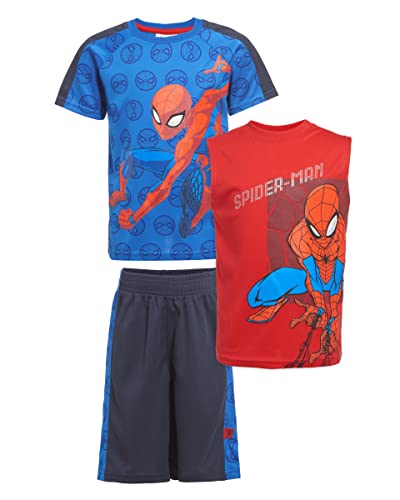 Marvel Avengers Boys Superhero Short Sleeve T-Shirt, Tank Top And Mesh Shorts Set (Blue/Red, 7) #TOP9