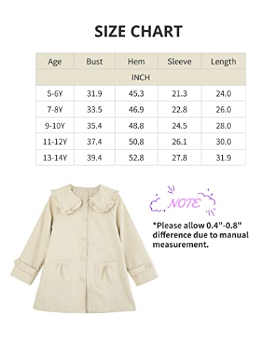 Girls Cute Trench Jacket Single Breasted Ruffle Doll Collar Pocket Cute Fall Windbreaker Dress Coat 5-14Y #TOP5