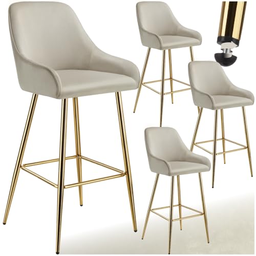 tectake® Taburete Alto con Respaldo, Acolchado, Terciopelo Suave, Patas Acero Galvanizado, Reposapiés, Pies Antideslizantes, Altura Ajustable, Montaje Sencillo, Silla Cocina o Bar - 4 sillas crema/oro