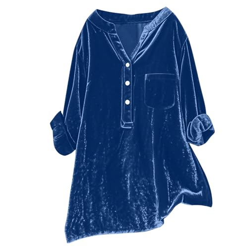Women's Velvet Tops Elegant Solid Color Button V-Neck Sweatshirt with Chest Pocket Long Sleeve Pullover Shirt Everyday Blouse for Winter Spring Formal Wear (Dark Blue, M)