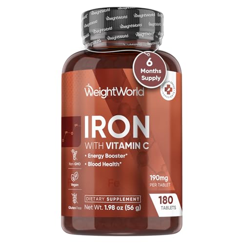 WeightWorld Iron Supplement 65mg - with Vitamin C 125mg - 180 Tablets (6 Months Supply) - Gentle Carbonyl Iron Supplement for Women & Men - Energy Booster & Blood Heath - Vegan, Non-GMO & Gluten-Free