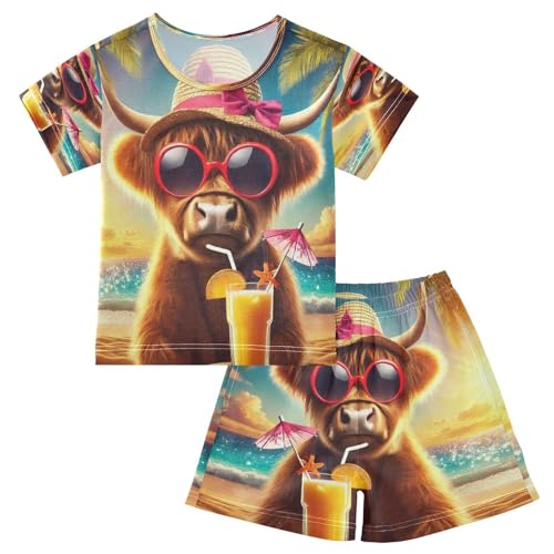 Highland Cow Summer Beach Pajama Set Short Sleeve Summer Pajamas Sleepwear Nightwear Set Cotton 5Y