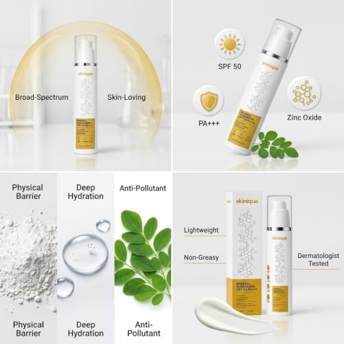 Image of Mineral Sunscreen SPF 50 PA+++ Cream Fresh Moisturising Hydrating Brightening 100ml Pack of 2 for All Skin Types with Zinc Oxide, Squalane and Moringa Oil