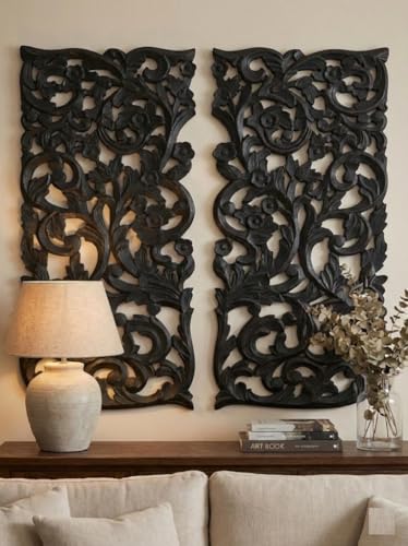 Image of VAS Collection Home Floral MDF Wall Decoration Panel, Wall Decoration Hanging, Wood Carving Wall Decoration Panel for Living Room, Bedroom, Hallway, Office (12 inch Inch X 27 inch Inch (Black)