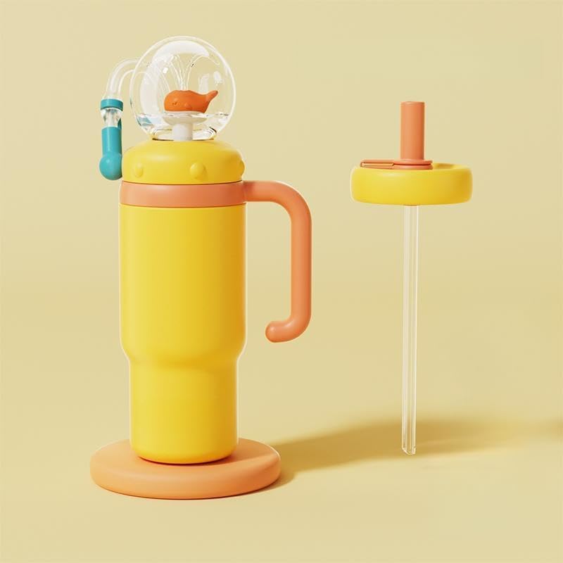 24oz Stainless Steel Whale Fountain Tumbler with Handle – Two Lids, Spill-Proof, Dishwasher Safe, Cute & Perfect for Kids, Teens, and Adults (yellow)