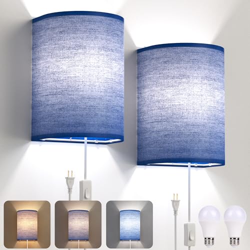 Image of Plug in Wall Sconces Set of Two: Wall Lights with On /Off Switch - Stepless Color Temperature Wall Mount Lamps - Fabric Linen Wall Sconce for Bedroom Living Room & Hallway- Indoor Corded Wall Sconces