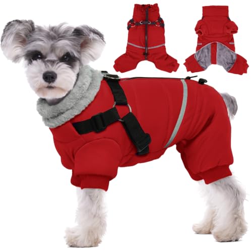 Image of BRKURLEG Small Dog Winter Coat with Harness Built in, Winter Jackets for Dogs, Fullbody Dog Coat, Dogs Snowsuits Reflective Windproof Cold Weather Coats, Pet Warm Fleece Coats, Red, L