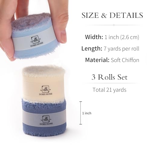 DORIS HOME Blue and Ivory Chiffon Ribbon for Flower Bouquet, 1" x21Yd Fabric Ribbon for Gift Wrapping, Handmade Frayed Ribbon for Wedding Invitations/Christmas Decorations by DORIS HOME - Image 3