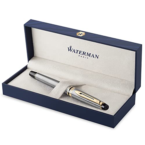 Waterman Expert Pluma Estilográfica, Acero Inoxidable Con Adorno De Oro De 23 Quilates, Plumín Fino Con Cartucho De Tinta Azul, Estuche De Regalo