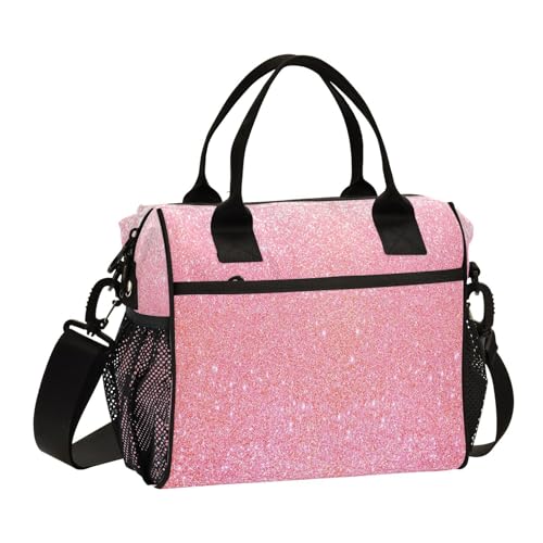 Aslsiy Lunch Bag for Girls Sparkly Pink Glitter Texture Insulated Lunch Bags Kids School Tote Bag for Women M
