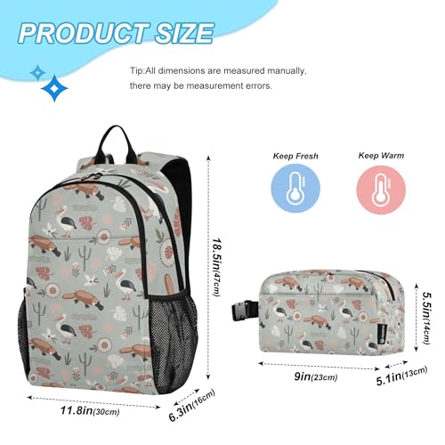 Platypus and Pelican Cactus Backpack with Lunch Bag, School Backpack for Teens Boys Girls Kids Backpacks Set2