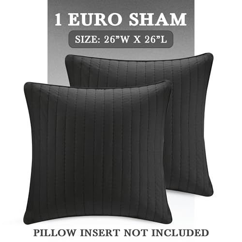 Image of INK+IVY 100% Cotton Single Euro Sham - European Square Decorative Pillow Cover, Hidden Zipper Closure (Pillow Insert NOT Included), Camila, Quilted Black 26 inchx26