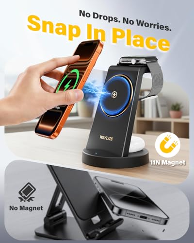Image of 3 in 1 Fast Charging Station for iPhone, 25W Wireless Magnetic Phone Charger for iPhone 17 16e 16 15 14 13 12 Serise, Watch Charger Stand, Wireless Charging Station for AirPods 4 3 Pro, Dark Black