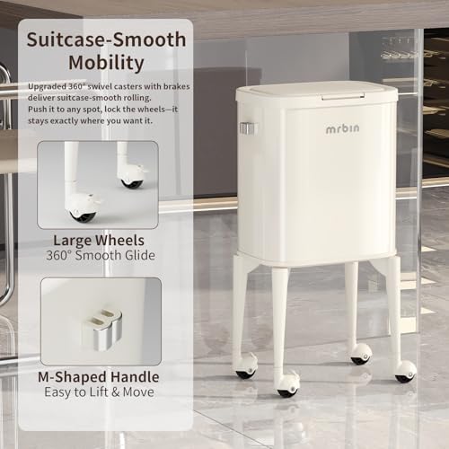 Image of MRBIN Metal Kitchen Trash Can with Wheel Legs, 23L /6.1gal Medium Press on Lid Slim Removable Waste Basket, Pet Proof Garbage Pail for Bedroom, Living Room, Cream White