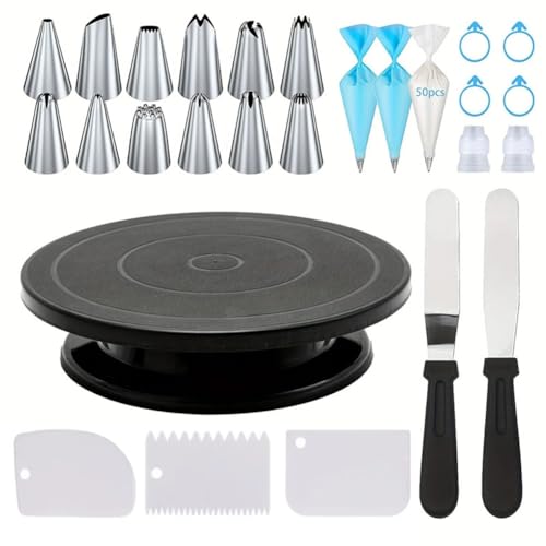 Ounfhtrttk Non-Slip Turntable Included - 76-Piece Cake Decorating Tool Set for Novices DIY Cream Cookie Baking Black