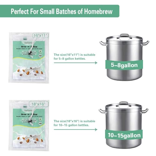 Bellamei Brew Bags Reusable 2 Pack 250 Micron Fine Mesh Bag for Fruit Cider Apple Grape Wine Press Drawstring Straining Brew in a Bag (2 pack-16"×11"/18"×16")