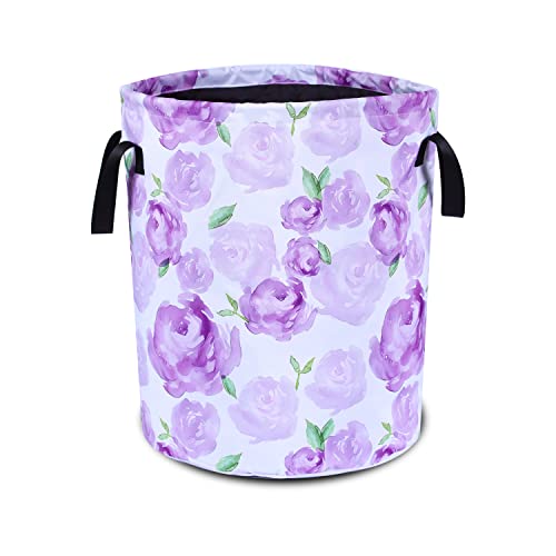 Image of Purple Watercolor Floral Laundry Basket Foldable Oxford Cloth Funny Tote Bag Laundry Hamper Clothes Storage Bucket Organizer For Bathroom/Laundry Storage/Bedroom 17.7x13.7 Inch