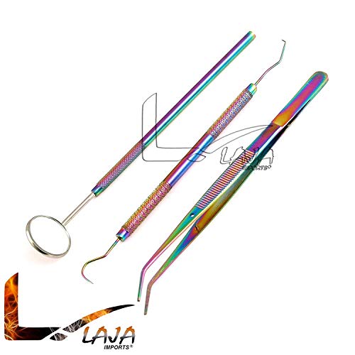 LAJA Imports 3pcs Dental Hygiene Kit Mouth Mirror Scaling Tarter Scraper Rainbow/Multi Tools