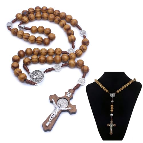 YUVKIN Collier Chapelet Catholique en Bois Naturel avec Croix et Médaille de Jésus-Christ et Saint Benoît, Prières, Communion, Baptême, Messe, Bible, Accessoire Religieux pour Chrétiens Catholiques