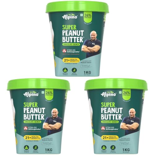 Image of Alpino Super Peanut Butter with KSM-66 Ashwagandha Chocolate Crunch 1kg - Curated by Mukesh Gahlot inchGuruji inch - High Protein, Clinically Tested with 21+ Health Benefits: Aids Strength, Stamina and Recovery