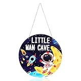 Little Man Outer Space Theme Sign, 30cm/12in Round Hanging Wall Decor Astronaut Cave Themed Wooden Plaque for Boys Bedroom Nursery Playroom Kids Room Art Decorations