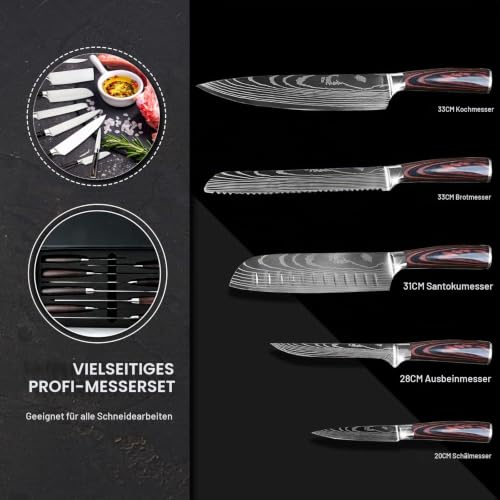 Foto von Gustrug Messerset 5-tlg Küchenmesser Set mit Ergonomischen Griff, Profi Messer Set aus Hochwertigem Carbon Edelstahl mit Kochmesser, Brotmesser, Santokumesser, Ausbeinmesser, Gemüsemesser