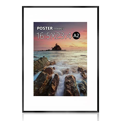 A2 Poster Frame,16.5x23.4 Black Thin Aluminum Picture Frames with Polished Plexiglass,Easy to Hang,Display Picture A2 without Mat or A3 with Mat for Wall Mounting Horizontally and Vertically (Black)