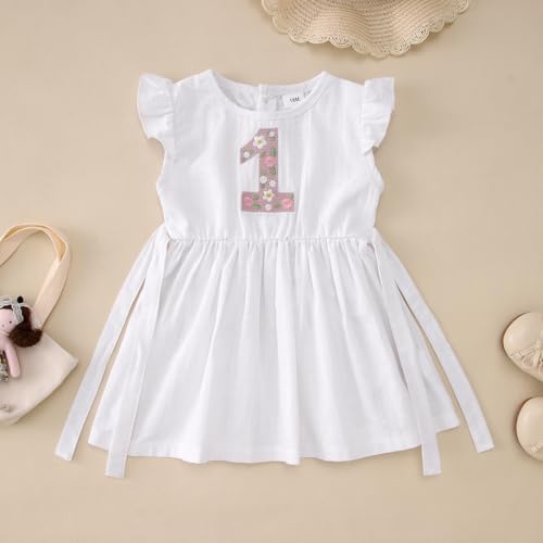 1.Geburtstag Mädchen Kleid Baby für 12-18 Monate Kleider Erstes Geburtstags Partykleid Sommer Ärmellos Strandkleid Blumen Bestickt Freizeitkleid Kleinkind Schnüren Rüschenkleid(12Monate,Weiß)