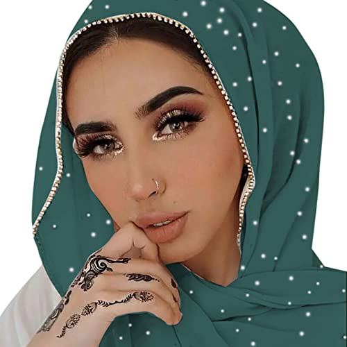 ANKOMINA Women Soft Chiffon Rhinestone Long Scarf Shawl Fashion Muslim Hijab Head Wrap Scarves, Dark Green, One size