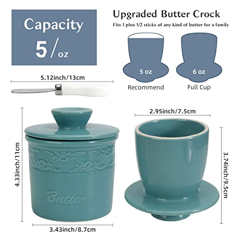 Taounoa Butter Dish With Lid For Countertop - Ceramic Butter Keeper With Stainless Steel Knife, French Butter Crock With Water Line Butter Holder For Counter, Light Blue #TOP1