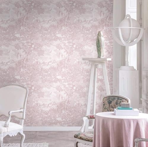Image of Wallpaper Peel and Stick Toile de Jouy Wallpaper, Pink, Pastoral Scene Pattern, French Country Style, Decorative Wall Covering Home Decor Vinyl Shelf Adhesive 16.5&87inch