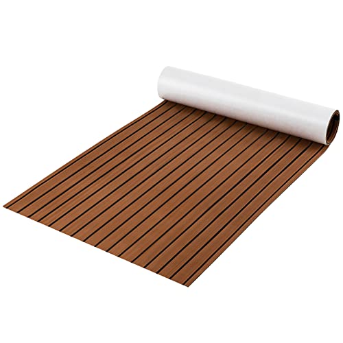 COSTWAY Boat Flooring EVA Foam, Self-Adhesive Non-Slip Marine Carpeting Mat, Faux Teak Decking Sheet for Yacht Kayak Motorboat Motorboat Swimming Pool (240 x 90cm, Brown with Straight Seam Lines)