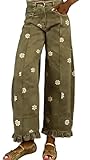utcoco Barrel Jeans Women 2026 Floral Print Wide Leg Jeans Y2k Patchwork Baggy Boyfriend Denim Pants (Medium, Army Green Floral)