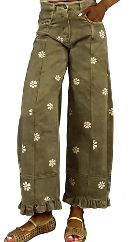 utcoco Barrel Jeans Women 2026 Floral Print Wide Leg Jeans Y2k Patchwork Baggy Boyfriend Denim Pants (Medium Army Green Floral)