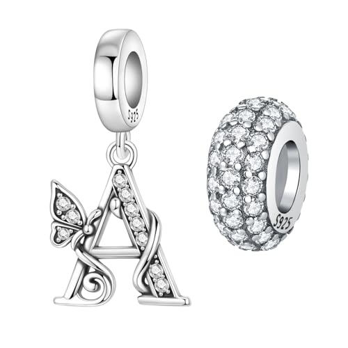 2 Pack 925 Sterling Silver Butterfly Letter Charms for Bracelets and Necklace Alphabet Dangle Pendants Round Spacer Beads Pave Cubic Zirconia Jewelry Gift for Women