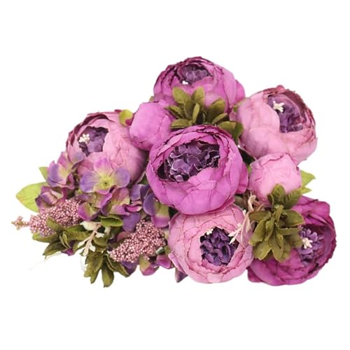 Flor Artificial Silk Floral 1 Bouquet Artificial Flowers Fall Vivid Rose Peony Fake Leaf Wedding Home Party Decoration Paniculata Artificial(A Purple)