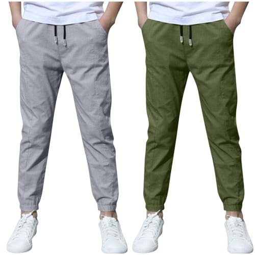 Linen Pants for Boys 2-Piece Kids Baggy Straight Leg Sweatpants Casual Cuffed Ankles Drawstring Jogger with Pockets