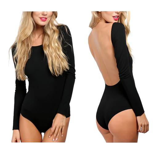 RuiChy Body Femme Manches Longues Col Rond Combinaison Dos Nu Tops de Soirée Body Slim Fit DécontractéJustaucorps Tenue de Club(Noir/M)