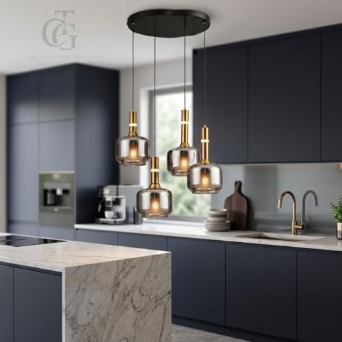 Image of Set of 4-Heads Box-Shaped Glass Hanging Pendant Light|Modern Cube Cluster Ceiling Lamp with Metal Base|Smoke-Glass for Living Room, Dining & Cafe