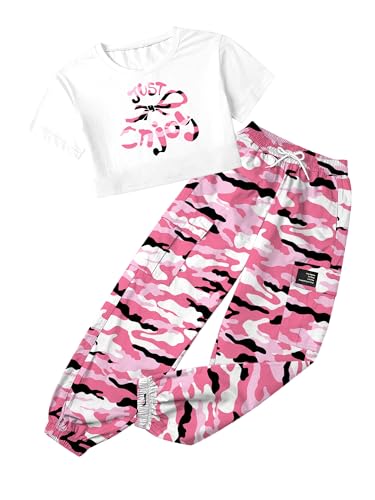 Image of Betusline Girls 2 Piece Set, White Print Cute Short Sleeve Crop Tops + Hot Pink Camo Cargo Jogger Pants Clothes,6-7 Years = Tag 130