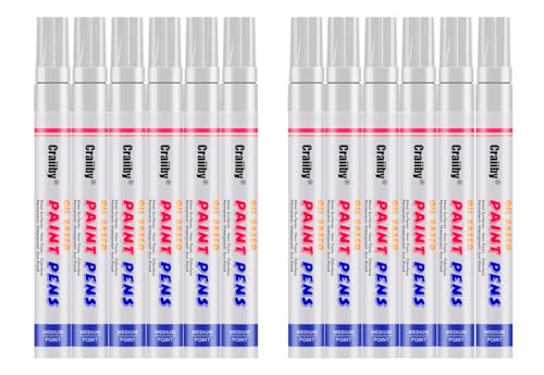 White Paint Markers 12 Pack Oil-Based Waterproof Quick Dry Permanent Paint Pen Set for Rocks Painting Wood Plastic Canvas Glass Mugs Metal Tire Stone DIY Craft