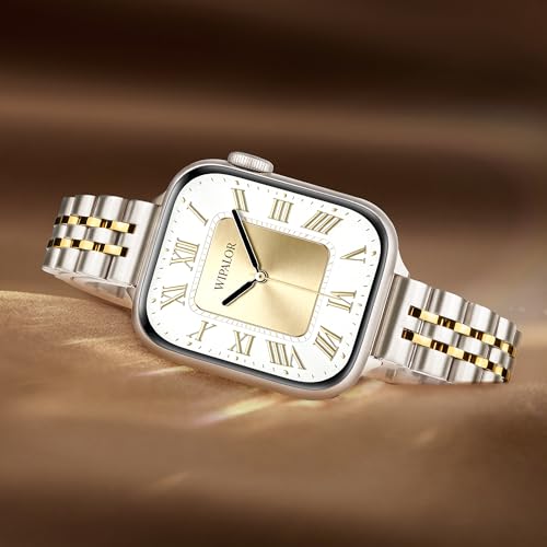 Image of Wipalor Thin Classic Metal Chain Band Fit Slim Apple Watch Bands for women 42mm 44mm 45mm 49mm, Dressy Designer Stainless Steel iWatch Bands for iPhone Watch Series 10 9 SE 8 7 6 5 4 Ultra-Starlight /Gold