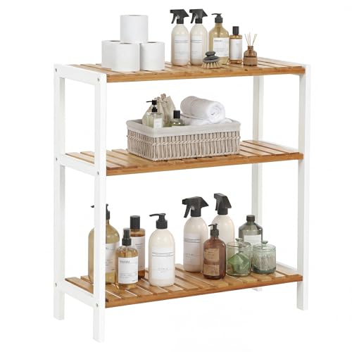 SONGMICS Bamboo Storage Shelf, 3-Tier Shelving Unit, Multifunctional, in the Hallway, Bathroom, Living Room, Balcony, Kitchen, 26 x 60 x 66 cm, White and Natural BCB33WN