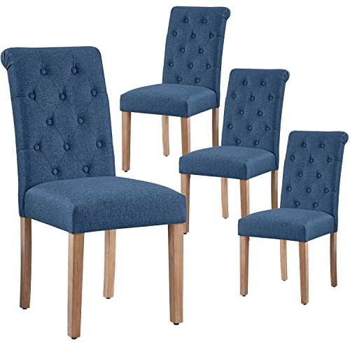 Yaheetech Lot de 4 chaises de Salle à Manger avec Dossier Haut Pieds en Bois Massif Assise rembourrée pour Maison Bureau Cuisine Bar Réunion Hôtel Bleu