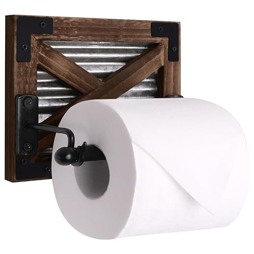 Autumn Alley Farmhouse Toilet Paper Holder with Bracket - Farmhouse Bathroom Rustic Country Decor - Rustic Bathroom Accessories Featuring Warm Brown Wood, Galvanized Metal, and Black Metal