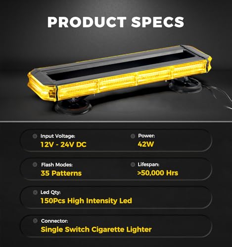 Xprite 18 inch 150 LED Rooftop Strobe Light Bar w/Control Panel Magnetic Base Warning Flashing Beacon Caution Traffic Lightbar for Construction Vehicles Towing Work Trucks Plows Pickup - Amber by Xprite - Used condition - Image 7